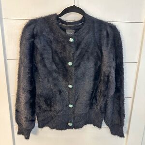 CLICHE M Fuzzy black rhinestone button contemporary retro soft cardigan